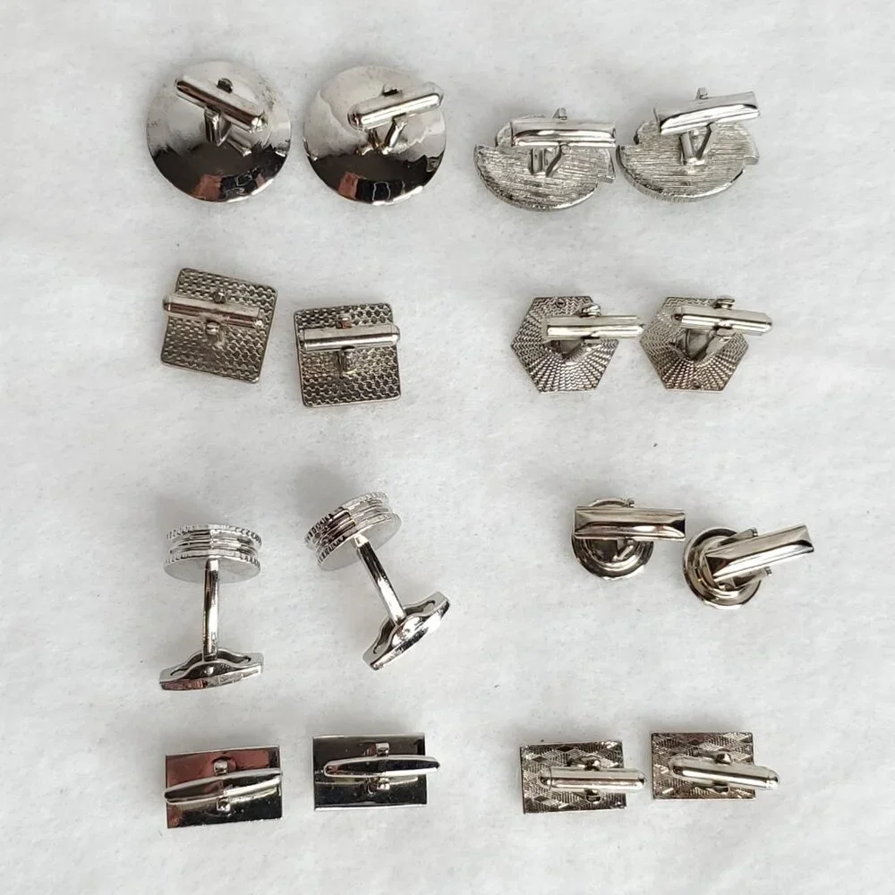 Vintage Cufflink Lot Silver Tone Black Green Blue Purple 8 Pair